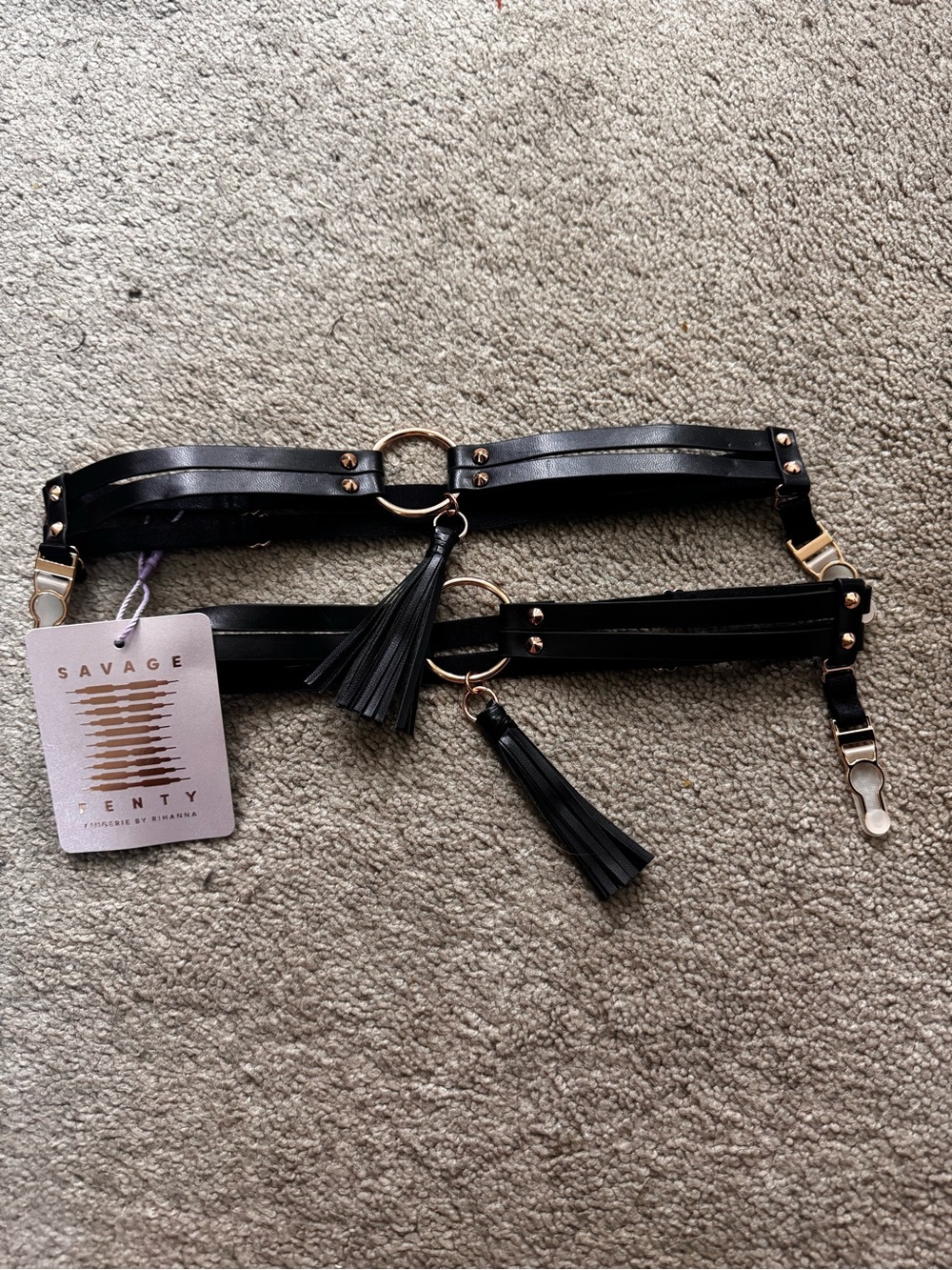 Savage X Fenty Black Strappy Tassel Garter Belt with Gold Rings